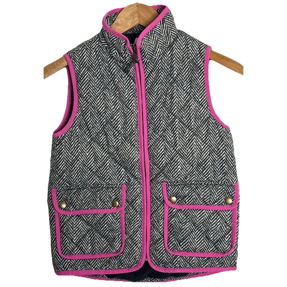 J Crew Crewcuts Herringbone Quilted Puffer Vest Girls 8 Black Pink Trim‎ Preppy